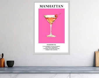 Affiches de cocktails brillantes de haute qualité – Manhattan Majesty : élégance urbaine dans une gorgée – Panneaux de boisson signature