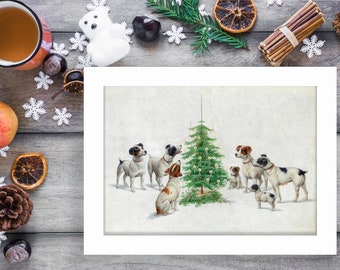 14 x 19 Noël chiens autour du sapin de Carl Reichert peinture à l'huile sur toile avec cadre en bois