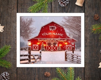 14x19 Personalized Christmas Red Barn Photo on Canvas with Handmade Frame, Customized Family Name, Christmas Gift