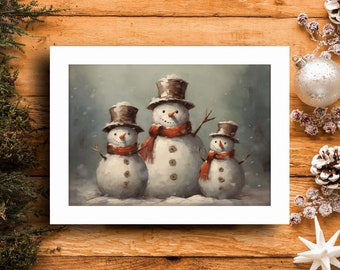 Bonhomme de neige famille peinture à l'huile sur toile 14 x 19 pouces avec cadre en bois