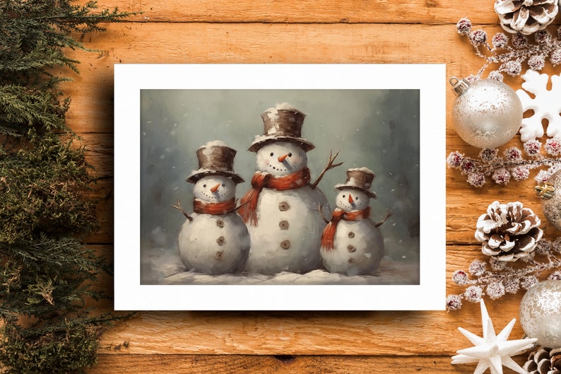 14x19 Snowman Family Oil Painting on Canvas with Wood Frame image 1