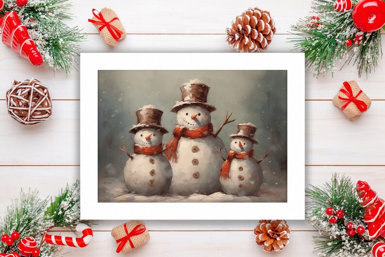 14x19 Snowman Family Oil Painting on Canvas with Wood Frame image 3