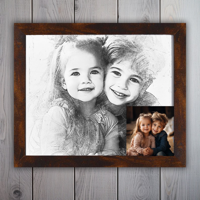 11x14 Custom Portrait Sketch From Photo Custom Pencil Drawing Print with Frame image 1