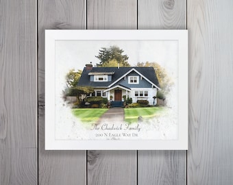 11x14 Custom Watercolor House Print from photo with frame. Realtor / Real Estate house warming gift. Custom House Photo