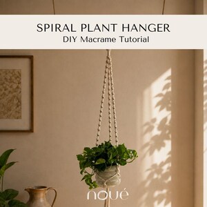 Puede incluir: Un colgador de plantas de macramé beige con un patrón de nudos en espiral que sostiene una planta verde de hojas en una maceta clara. El texto SPIRAL PLANT HANGER DIY Macrame Tutorial aparece arriba y la marca noué está abajo.