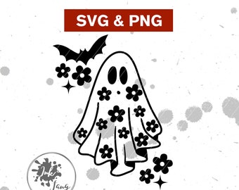 Flower Ghost SVG PNG, Floral Ghost SVG, Ghost Svg, Bat Svg, Cute Ghost Svg, Halloween Ghost Svg, Cut File, Clipart for sublimation, Fall Svg