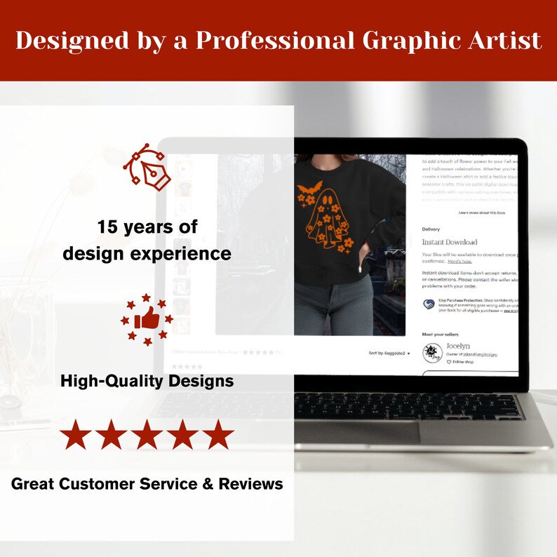 May include: A laptop screen displaying a design for a black sweatshirt with an orange ghost and white flowers. The text on the screen reads "Instant Download" and "Delivery". The text "Designed by a Professional Graphic Artist" is at the top of the image.