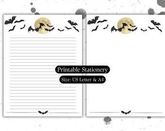 Bats and Full Moon Stationery Halloween Printable Stationery, A4 US Letter 8.5x11, Lined Unlined Digital Letter Writing Paper, Witchy Gothic
