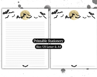 Bats and Full Moon Stationery Halloween Printable Stationery, A4 US Letter 8.5x11, Lined Unlined Digital Letter Writing Paper, Witchy Gothic