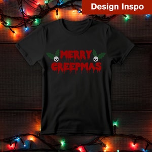 May include: Black t-shirt with a red and green graphic that says "Merry Creepmas" with skulls and holly leaves.