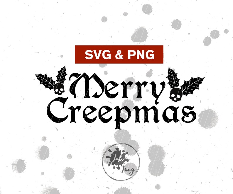 Op de afbeelding: Zwart-wit grafisch ontwerp met de tekst "Merry Creepmas" in een gotisch lettertype. De tekst wordt geflankeerd door twee hulsttakken met schedels in het midden van elke tak.
