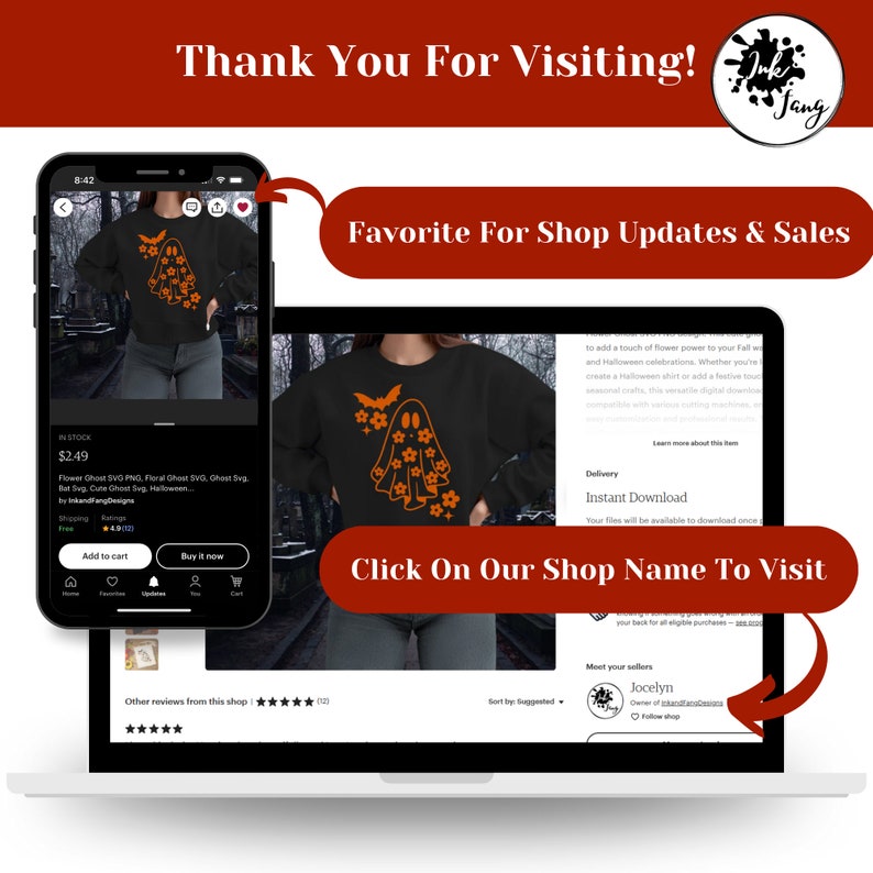 Op de afbeelding: Een digitale download van een zwart sweatshirt met een oranje spookontwerp met bloemen en vleermuizen. De tekst "Klik op onze winkelnaam om te bezoeken" wordt weergegeven op een rode knop. De tekst "Favorieten voor winkelupdates en verkopen" wordt weergegeven op een rode banner.