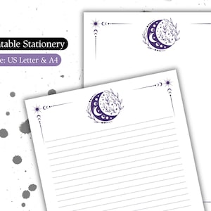 May include: Printable stationery featuring a crescent moon with stars and leaves in a purple color. The design is in the top corner of a white sheet of paper with lined writing space.