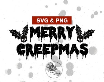Op de afbeelding: Zwart-wit grafisch ontwerp met druppelende tekst die "Merry Creepmas" luidt met een schedel en hulstbladeren aan weerszijden van de tekst.