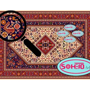 May include: A close-up of a traditional Persian rug with intricate patterns in shades of red, blue, and cream. The rug is framed by a black magnifying glass, highlighting a section of the design. The text "SOHEIO Art" is displayed in a blue circle with a pink flower.