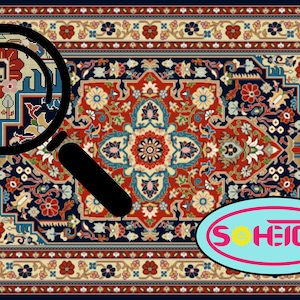 May include: A close-up of a traditional Persian rug with intricate floral patterns in shades of red, blue, and cream. A magnifying glass is positioned over a section of the rug, highlighting the detailed craftsmanship. The text "SOHEIO Art" is visible in the lower right corner.