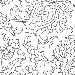 May include: Black and white line art illustration of a floral pattern with intricate details. The design features stylized flowers and leaves.