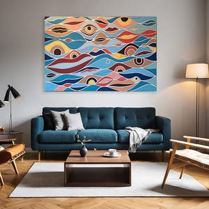 May include: Abstract art print featuring a colorful design of eyes and lips on a blue background. The print is hanging on a wall in a living room setting with a blue sofa, a brown armchair, and a coffee table.