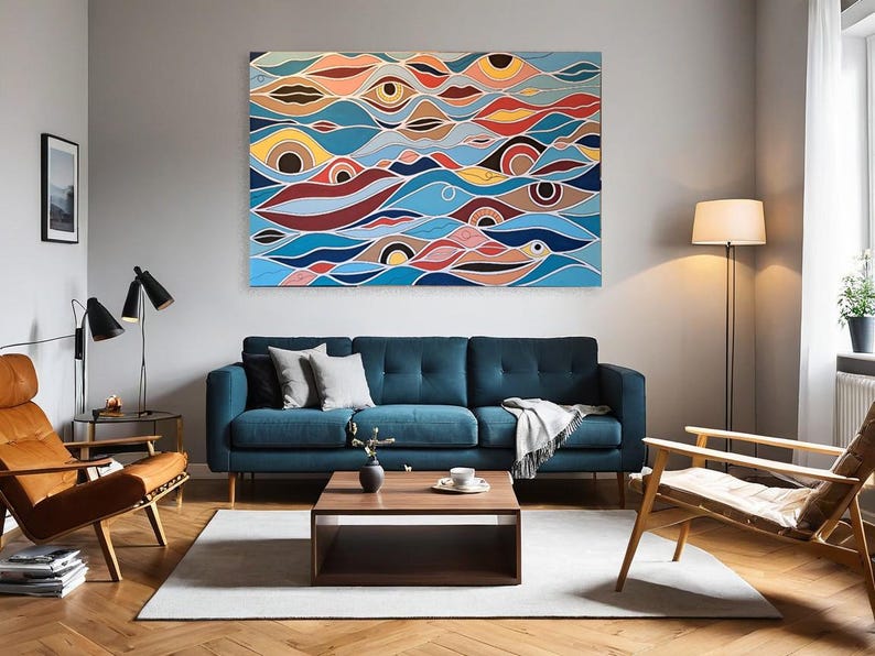 May include: Abstract art print featuring a colorful design of eyes and lips on a blue background. The print is hanging on a wall in a living room setting with a blue sofa, a brown armchair, and a coffee table.