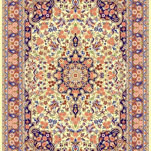 May include: A traditional Persian rug with a cream background and intricate floral patterns in shades of blue, red, and pink. The rug features a central medallion with a repeating geometric design.