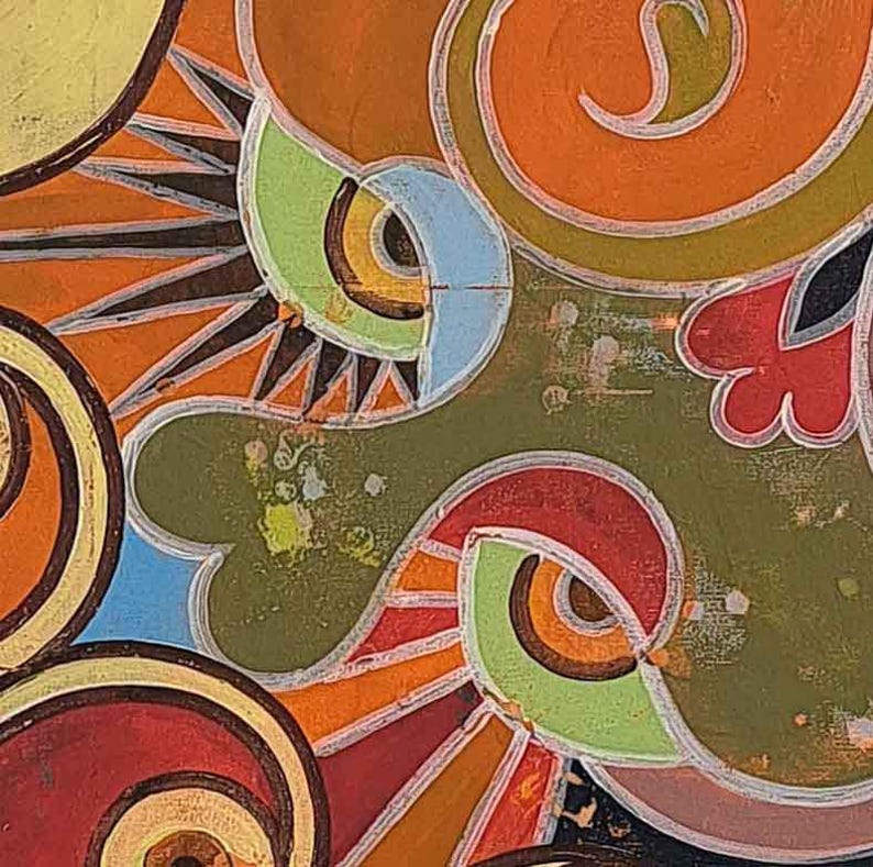 May include: Abstract painting with swirling patterns in shades of orange, red, green, blue, and yellow. The painting features stylised eyes with black pupils and white highlights.