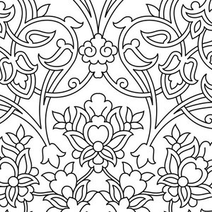 May include: Black and white intricate floral pattern with a symmetrical design. The pattern features stylized flowers, leaves, and vines.