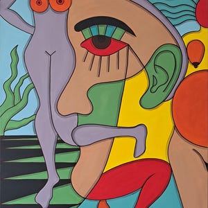 May include: An abstract painting with a colourful, geometric design. The painting features a human figure with a large eye, a green ear, and a red mouth. The figure is partially obscured by another figure, which is a nude woman with orange breasts. The background is a blue and green landscape.