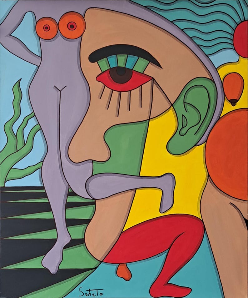 May include: An abstract painting with a colourful, geometric design. The painting features a human figure with a large eye, a green ear, and a red mouth. The figure is partially obscured by another figure, which is a nude woman with orange breasts. The background is a blue and green landscape.