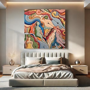 Op de afbeelding: Abstract schilderij met meerdere figuren in verschillende tinten blauw, groen, geel, oranje en rood. De figuren zijn met elkaar verweven en lijken te dansen of te zweven.