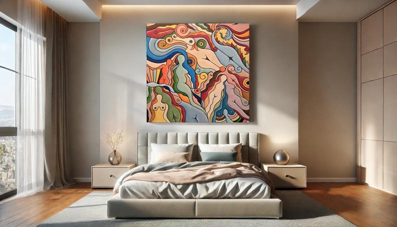 Op de afbeelding: Abstract schilderij met meerdere figuren in verschillende tinten blauw, groen, geel, oranje en rood. De figuren zijn met elkaar verweven en lijken te dansen of te zweven.