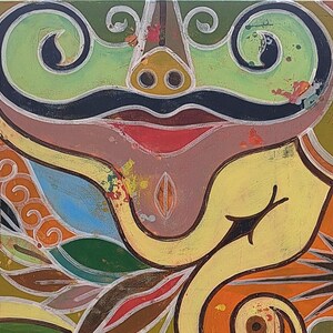 May include: Abstract painting with a colourful, swirling design. The painting features a variety of shapes and colours, including green, yellow, orange, red, and blue. The painting is done in a style that is reminiscent of folk art.