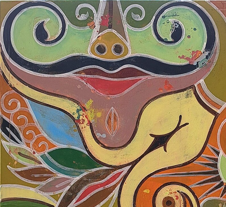 May include: Abstract painting with a colourful, swirling design. The painting features a variety of shapes and colours, including green, yellow, orange, red, and blue. The painting is done in a style that is reminiscent of folk art.