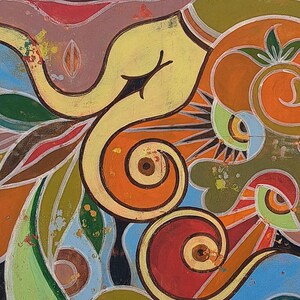 May include: Abstract painting with swirling shapes and vibrant colours, including yellow, orange, red, green, and blue. The painting features a stylised eye design.