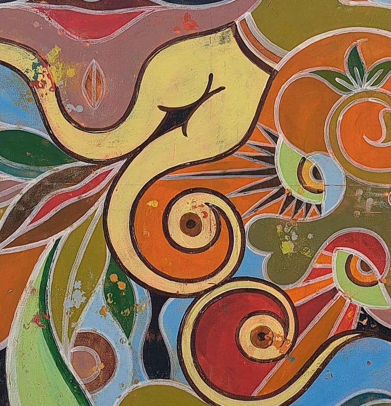 May include: Abstract painting with swirling shapes and vibrant colours, including yellow, orange, red, green, and blue. The painting features a stylised eye design.