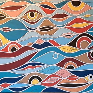 May include: Abstract painting with a colorful design of eyes and lips. The background is blue with white lines. The eyes are brown, yellow, and black. The lips are red, pink, and yellow.