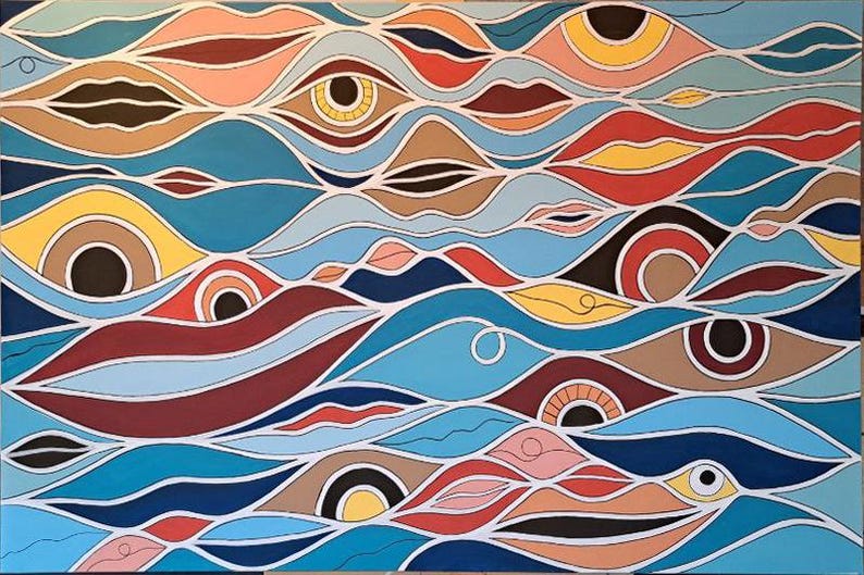 May include: Abstract painting with a colorful design of eyes and lips. The background is blue with white lines. The eyes are brown, yellow, and black. The lips are red, pink, and yellow.