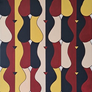 May include: Abstract painting with a repeating pattern of curved shapes in yellow, red, black, and cream colors.