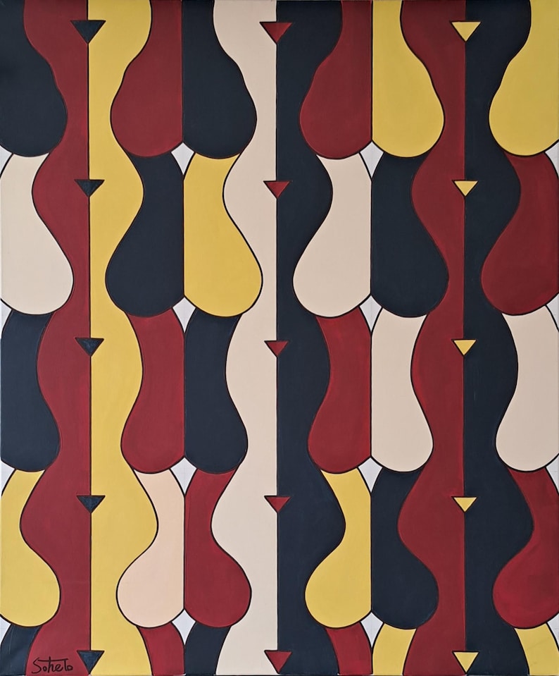 May include: Abstract painting with a repeating pattern of curved shapes in yellow, red, black, and cream colors.