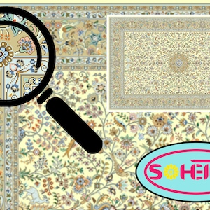 May include: A close-up of a cream-colored rug with a floral pattern. The rug has a detailed border with a repeating pattern of flowers and leaves. The rug is surrounded by a magnifying glass and a logo that says "SOHEIO Art".