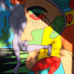 May include: Abstract painting featuring a colourful, stylised human figure with a large eye, green ear, and red leg. The figure is partially obscured by a purple figure with red breasts. The background is a blue and green landscape.