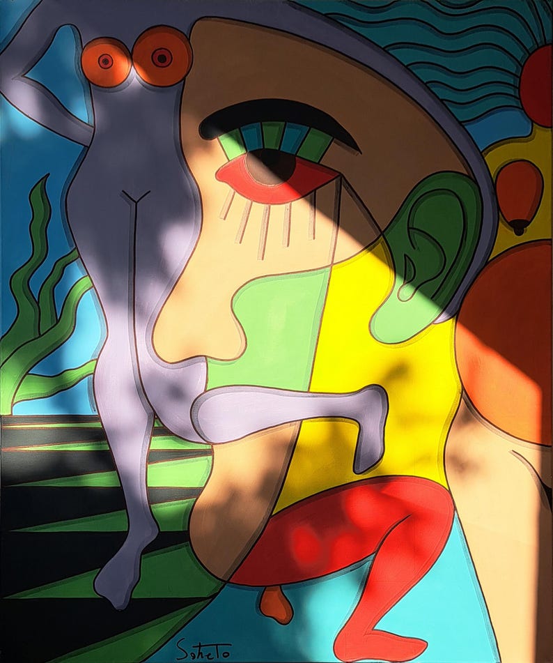May include: Abstract painting featuring a colourful, stylised human figure with a large eye, green ear, and red leg. The figure is partially obscured by a purple figure with red breasts. The background is a blue and green landscape.