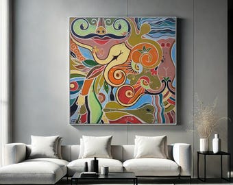 Moderne figuratieve schilderkunst, naakte vrouw kunst, hedendaags vrouwelijk lichaam, kleurrijke surrealistische muurkunst, origineel canvas schilderij, statementkunst