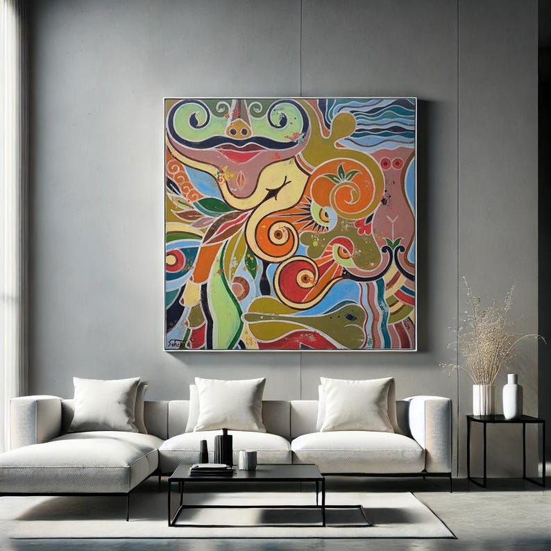 May include: Abstract painting with a colourful, swirling design. The painting features a variety of shapes and colours, including green, blue, yellow, orange, and red. The painting is framed in a white frame.