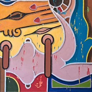 Puede incluir: Pintura abstracta con formas geom&eacute;tricas y colores vivos. La pintura presenta un esquema de colores rosa, amarillo, azul y naranja con contornos blancos. La pintura tiene una superficie texturizada y parece estar pintada sobre lienzo.
