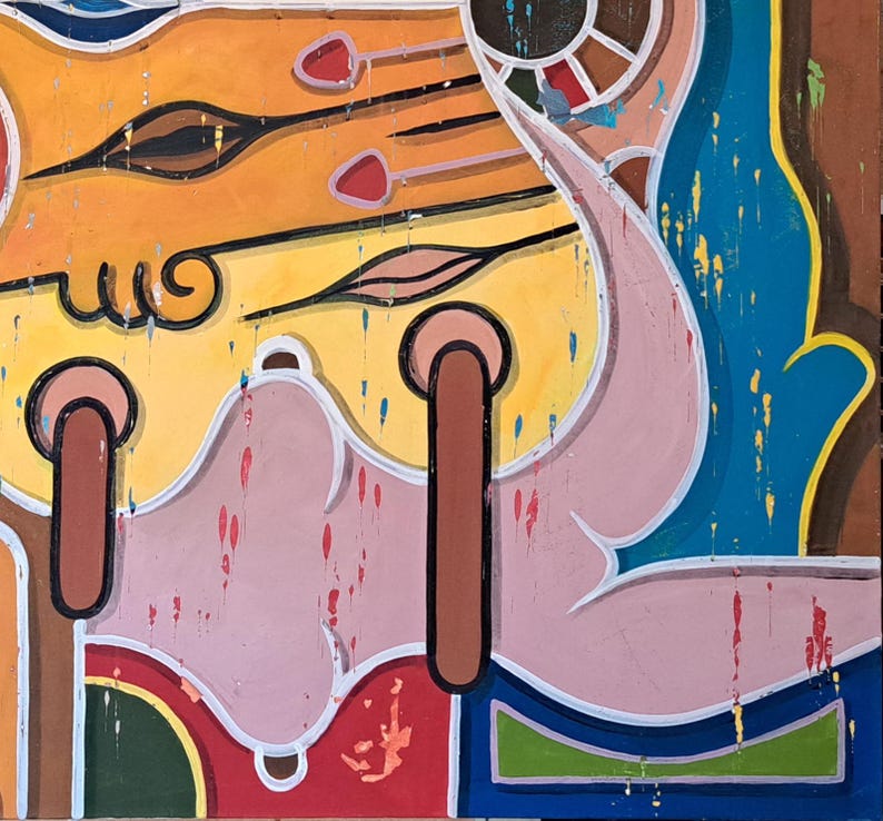 Puede incluir: Pintura abstracta con formas geom&eacute;tricas y colores vivos. La pintura presenta un esquema de colores rosa, amarillo, azul y naranja con contornos blancos. La pintura tiene una superficie texturizada y parece estar pintada sobre lienzo.