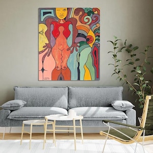 May include: A rectangular canvas painting featuring a stylized, abstract figure with a yellow face and red torso, surrounded by vibrant, swirling shapes in shades of orange, purple, green, and blue. The artwork includes bold black outlines.