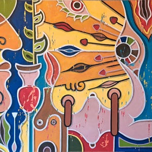 Puede incluir: Pintura abstracta con una paleta de colores vibrantes. La pintura presenta una variedad de formas y figuras, incluyendo ojos, hojas y patrones geom&eacute;tricos. Los colores utilizados son brillantes y audaces, incluyendo amarillo, naranja, rojo, azul y verde.