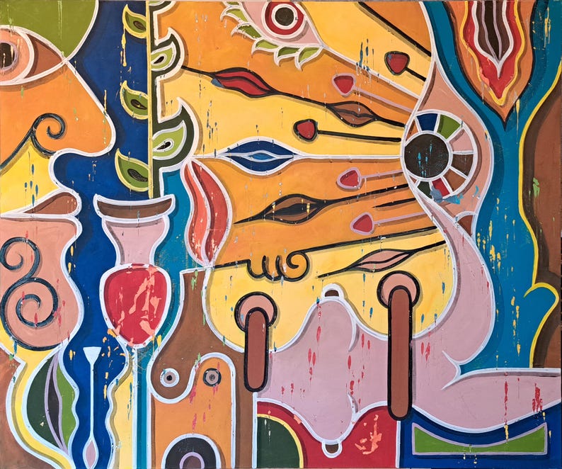 Puede incluir: Pintura abstracta con una paleta de colores vibrantes. La pintura presenta una variedad de formas y figuras, incluyendo ojos, hojas y patrones geom&eacute;tricos. Los colores utilizados son brillantes y audaces, incluyendo amarillo, naranja, rojo, azul y verde.