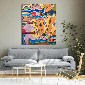 Puede incluir: Pintura abstracta con un dise&ntilde;o geom&eacute;trico colorido. La pintura presenta una variedad de formas y colores, incluyendo rosa, azul, amarillo, naranja y verde. La pintura est&aacute; enmarcada y colgada en una pared.