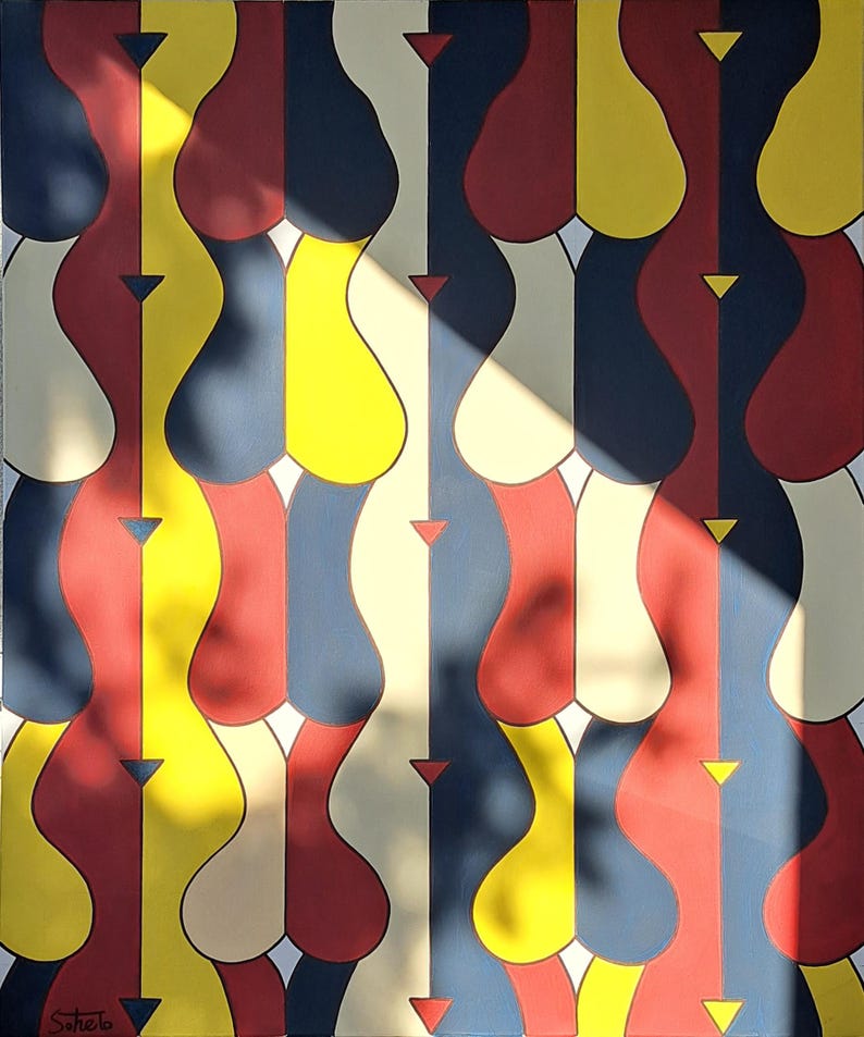 May include: Abstract geometric pattern painting with a repeating design of curved shapes in red, yellow, blue, and cream colors. The painting is lit by a bright light source, casting shadows across the surface.